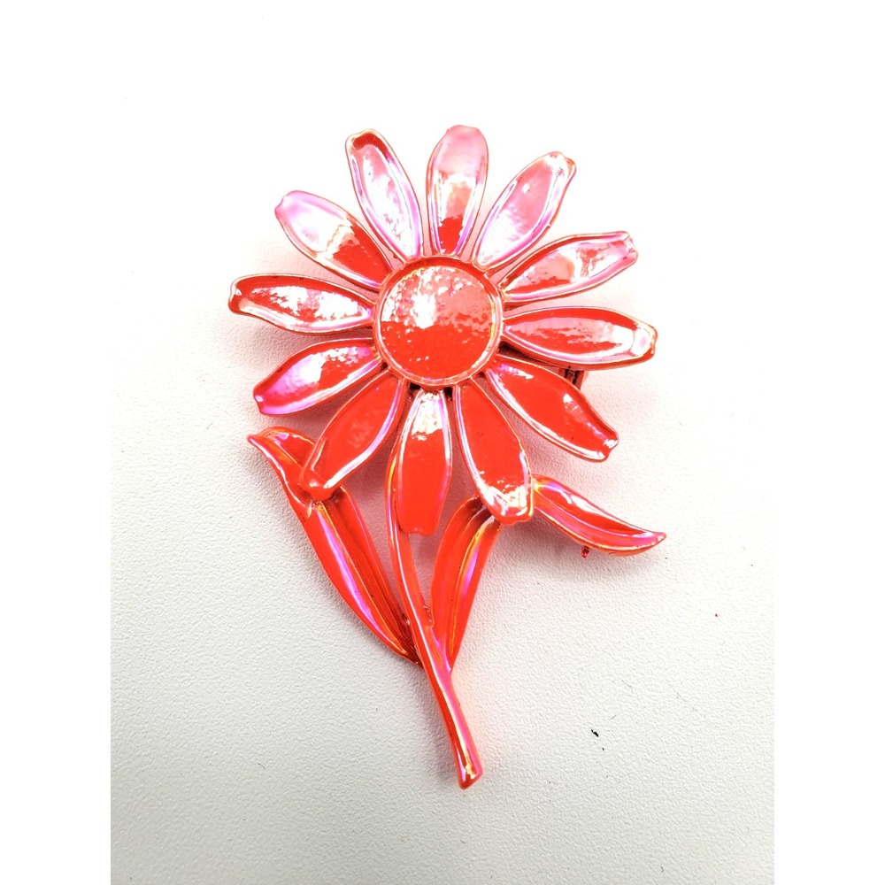 Vintage Mod Pop Art Pinkish Red‎ Pearlized Enamel Flower Brooch Pin